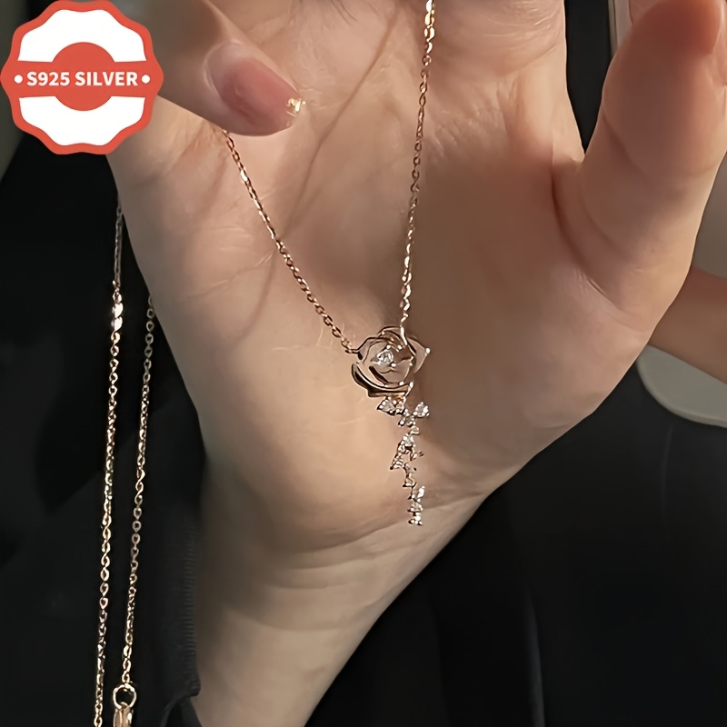 Women's 925 Silver Vintage Rose Flower Necklace